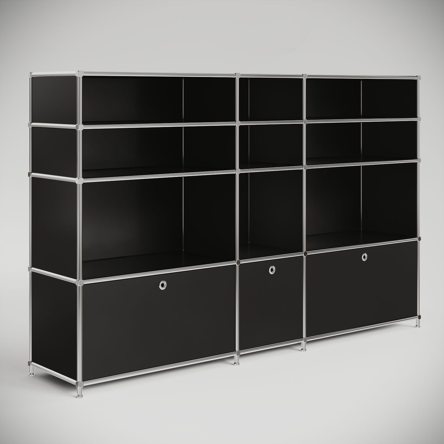 Empfangstheke in Schwarz mit niedrigen und hohen Fächern