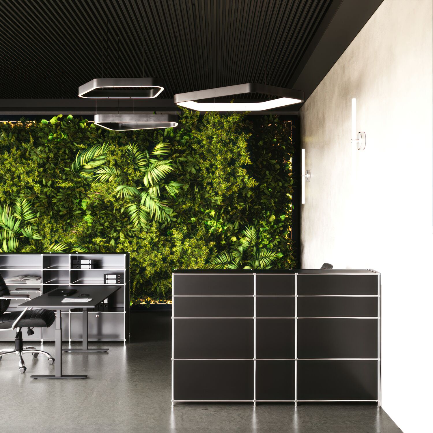 Empfangstheke in Schwarz mit niedrigen und hohen Fächern