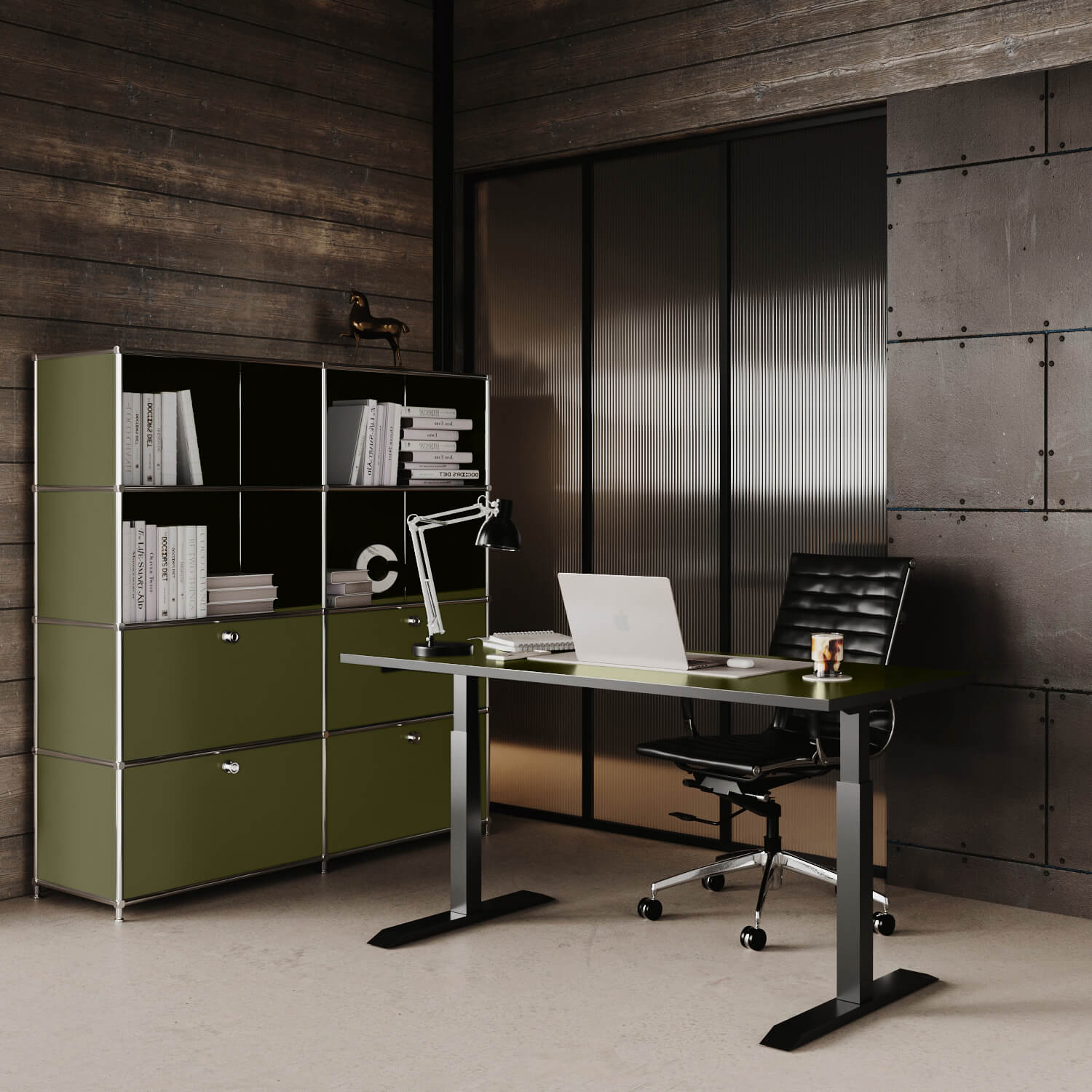 Regal in Olivgrün mit 2 Schublden / Klappen