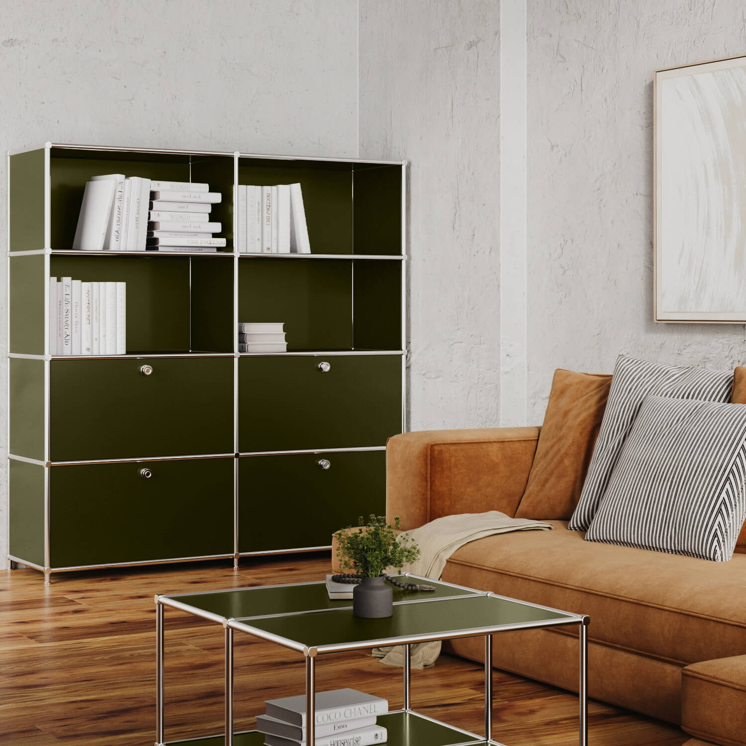 Regal in Olivgrün mit 2 Schublden / Klappen