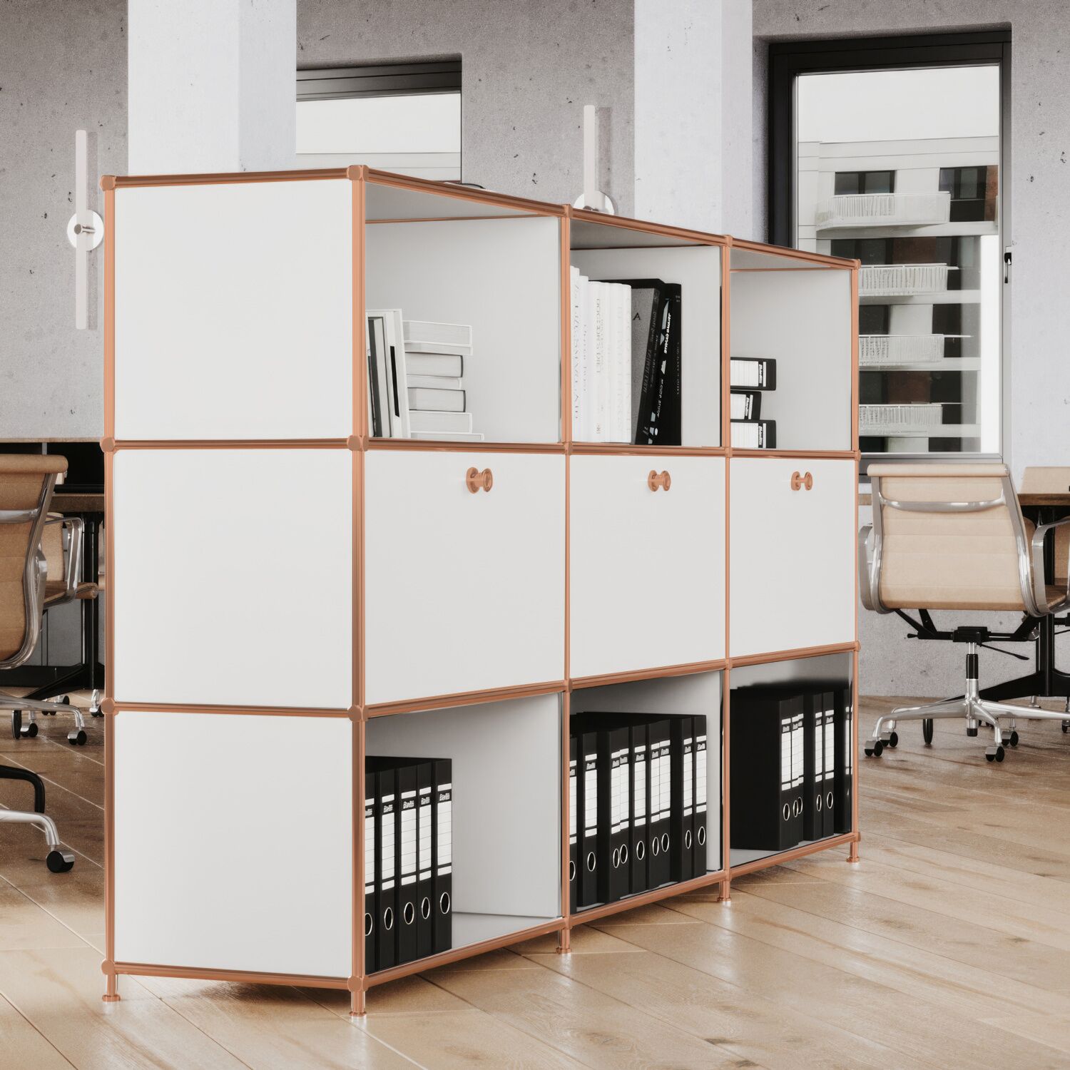 Regal in Weiss mit 3 Klappen - Roségold-Finish