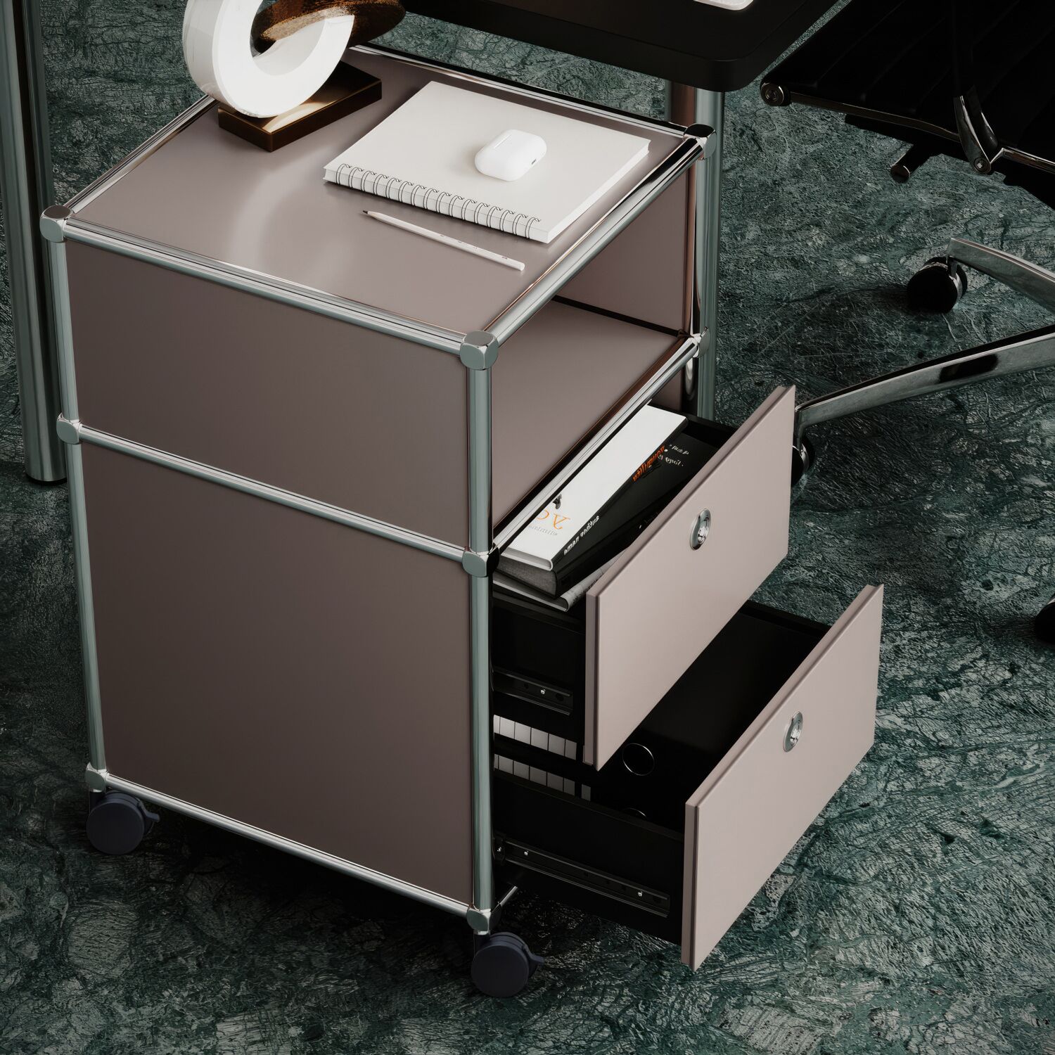 Caisson roulant avec 2 tiroirs et compartiment de rangement