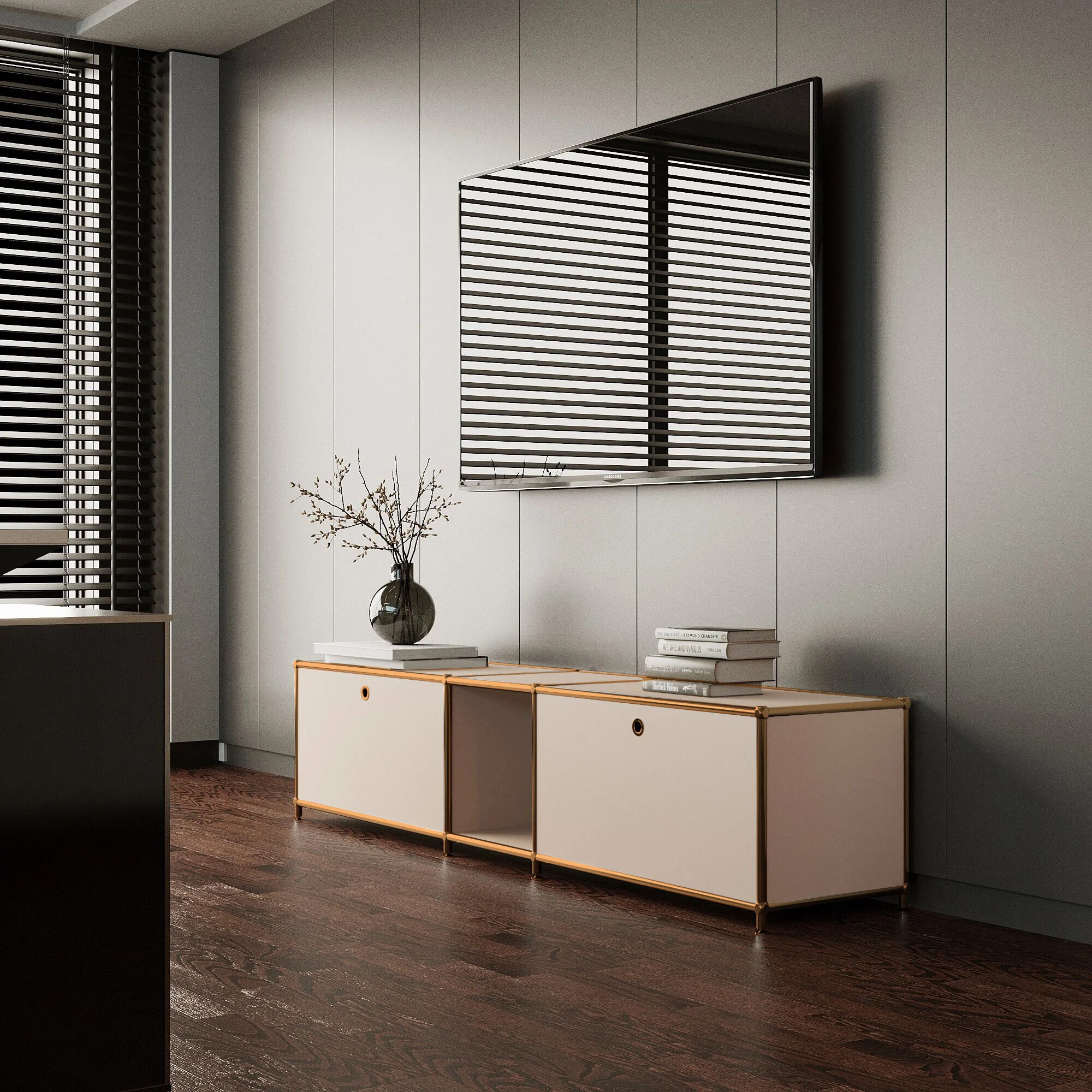 Lowboard in Taupe mit 2 Klappen - Roségold-Finish