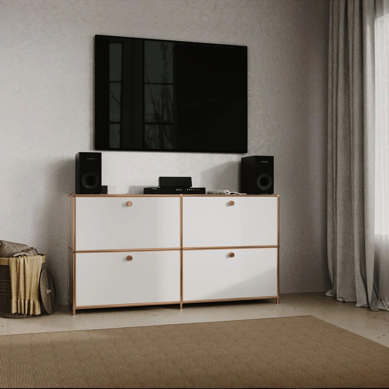 Sideboard in Weiss mit 4 Klappen - Roségold-Finish