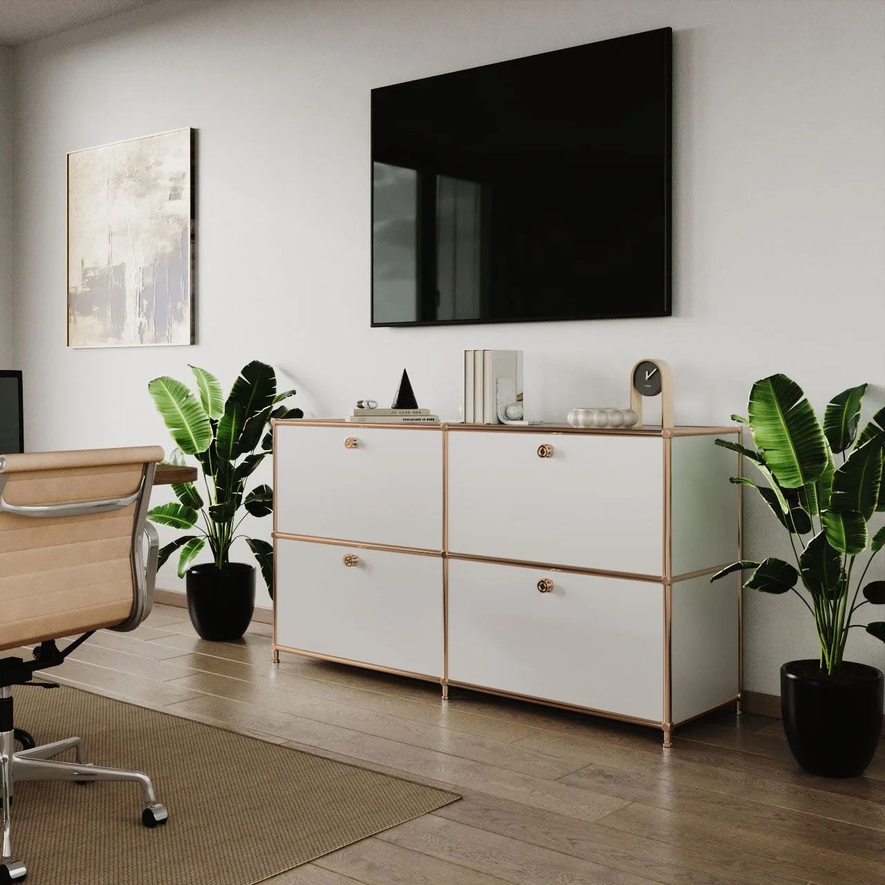 Sideboard in Weiss mit 4 Klappen - Roségold-Finish