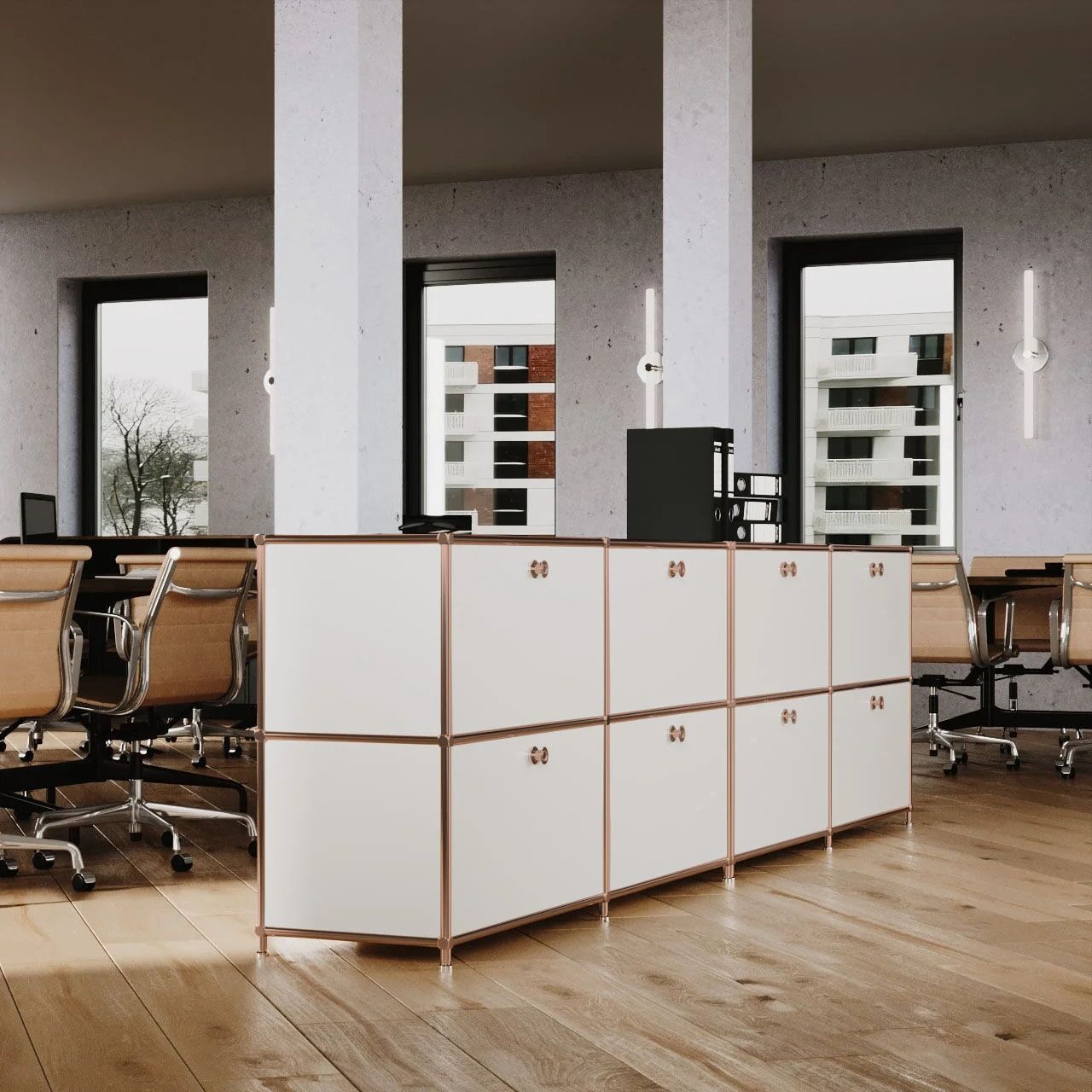Sideboard in Weiss mit 4 Klappen - Roségold-Finish